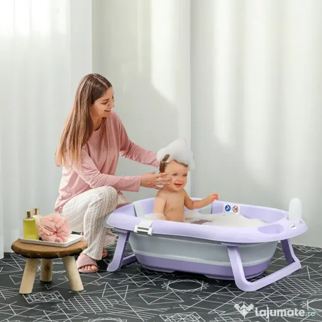 ZONEKIZ Cadita Pliabila pentru Copii 0-6 Ani cu Perna si Organizatoare, 83x48x23.5cm, Violet/Alb | Aosom Romania