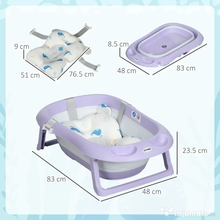 ZONEKIZ Cadita Pliabila pentru Copii 0-6 Ani cu Perna si Organizatoare, 83x48x23.5cm, Violet/Alb | Aosom Romania