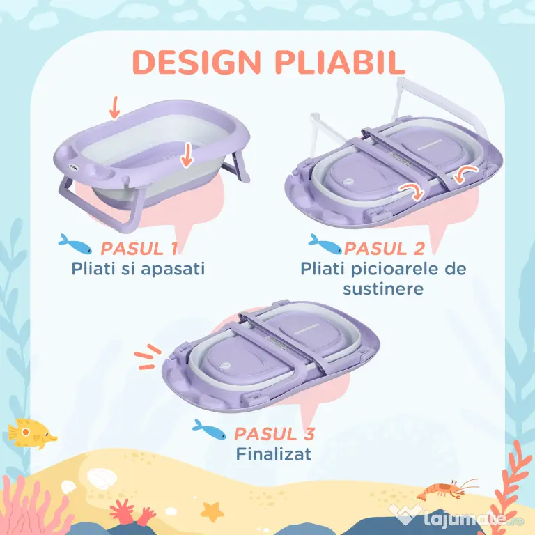 ZONEKIZ Cadita Pliabila pentru Copii 0-6 Ani cu Perna si Organizatoare, 83x48x23.5cm, Violet/Alb | Aosom Romania