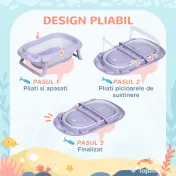ZONEKIZ Cadita Pliabila pentru Copii 0-6 Ani cu Perna si Organizatoare, 83x48x23.5cm, Violet/Alb | Aosom Romania 