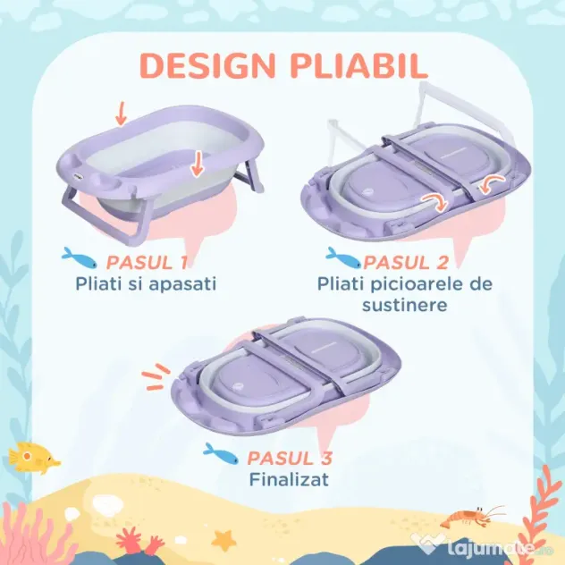 ZONEKIZ Cadita Pliabila pentru Copii 0-6 Ani cu Perna si Organizatoare, 83x48x23.5cm, Violet/Alb | Aosom Romania