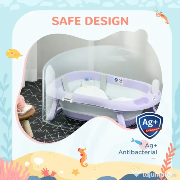 ZONEKIZ Cadita Pliabila pentru Copii 0-6 Ani cu Perna si Organizatoare, 83x48x23.5cm, Violet/Alb | Aosom Romania
