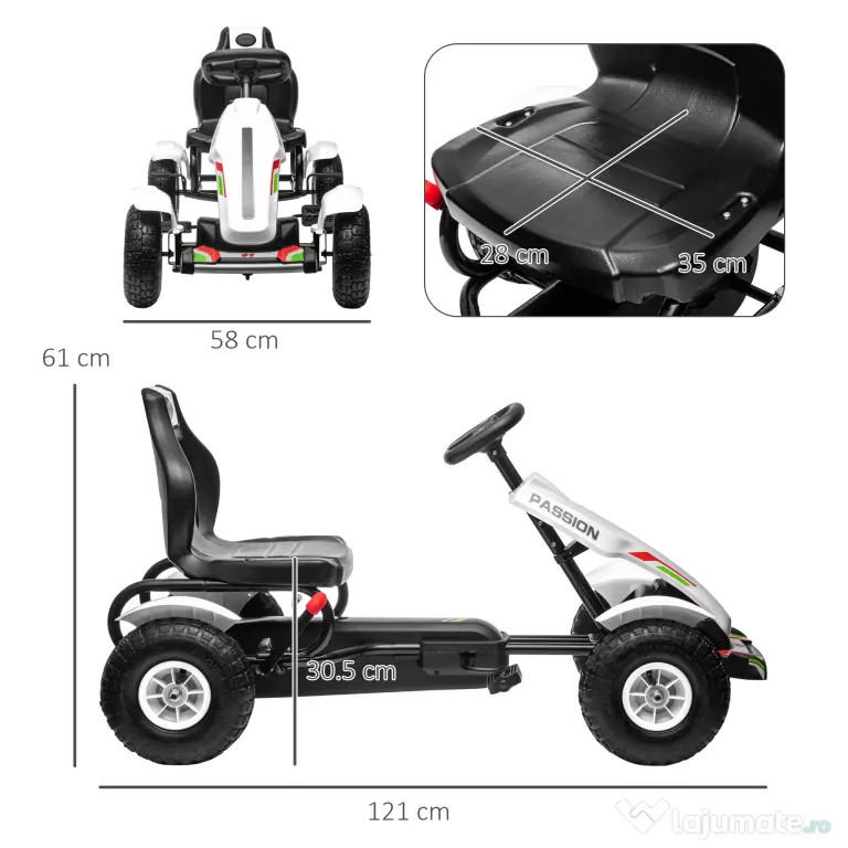 HOMCOM Kart cu Pedale pentru Copii 5-12 Ani cu Scaun Reglabil, Anvelope Gonflabile, Frână de Mână, Design de Curse, Alb și Negru | Aosom Romania
