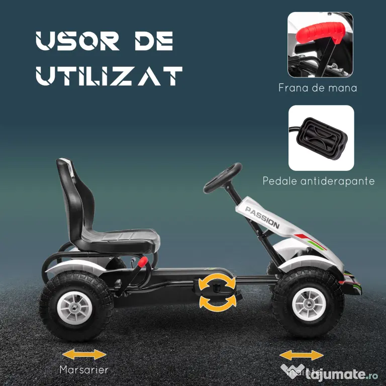 HOMCOM Kart cu Pedale pentru Copii 5-12 Ani cu Scaun Reglabil, Anvelope Gonflabile, Frână de Mână, Design de Curse, Alb și Negru | Aosom Romania