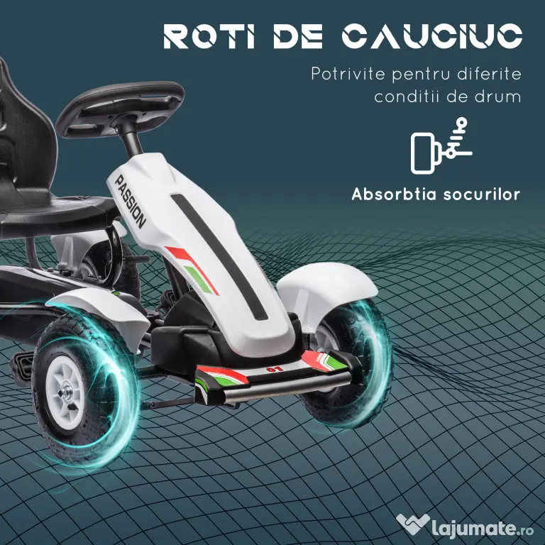 HOMCOM Kart cu Pedale pentru Copii 5-12 Ani cu Scaun Reglabil, Anvelope Gonflabile, Frână de Mână, Design de Curse, Alb și Negru | Aosom Romania