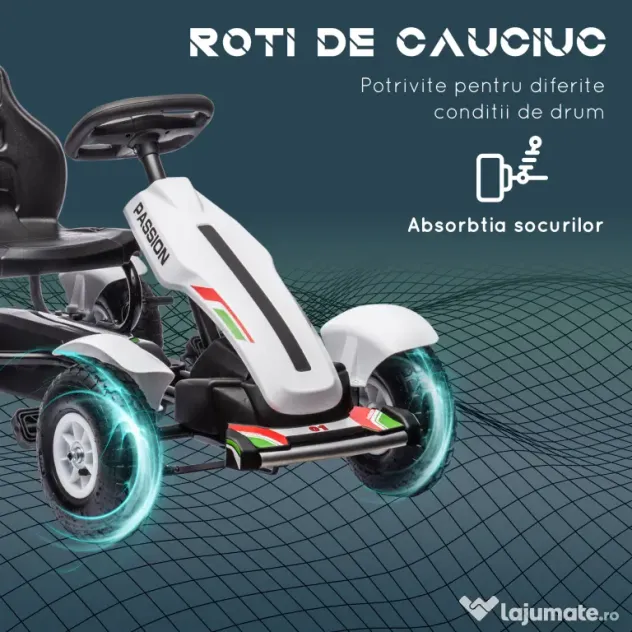HOMCOM Kart cu Pedale pentru Copii 5-12 Ani cu Scaun Reglabil, Anvelope Gonflabile, Frână de Mână, Design de Curse, Alb și Negru | Aosom Romania