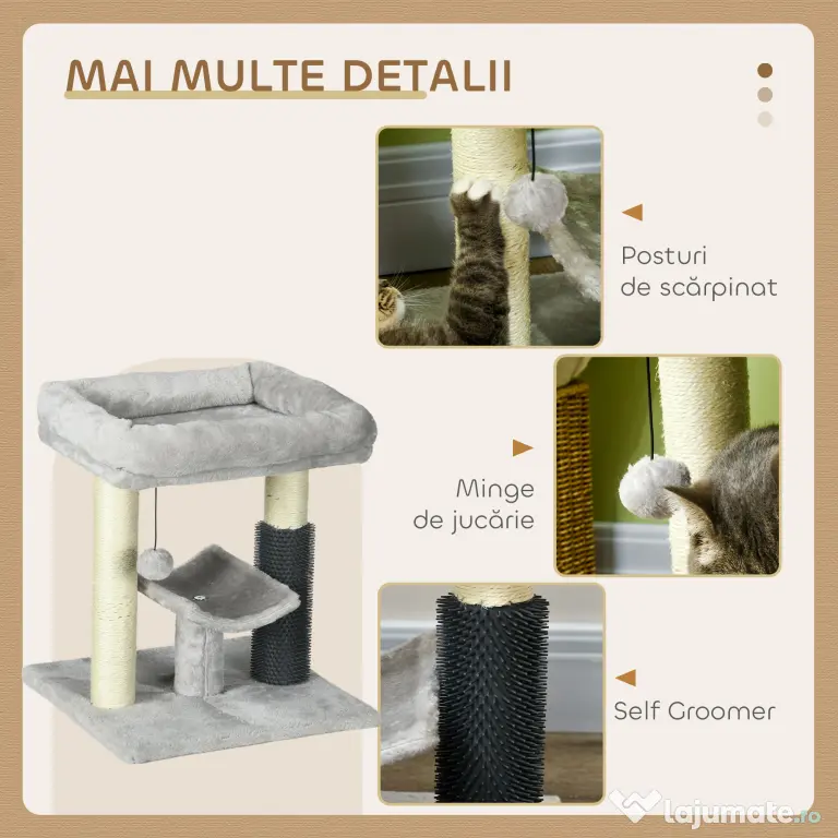 PawHut Ansamblu de Zgâriat cu Pătuț, Platformă, Perie și Stâlp din Sisal, 40x40x48 cm, Gri | Aosom Romania