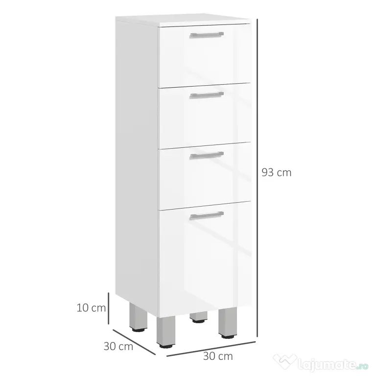 kleankin Dulap de Baie, Unitate de Depozitare pentru Baie cu Luciu Inalt, cu 4 Sertare, Alb | Aosom Romania