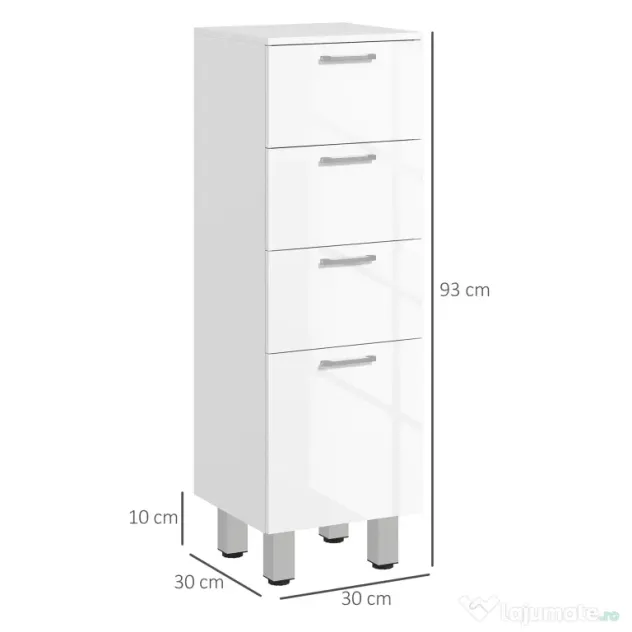 kleankin Dulap de Baie, Unitate de Depozitare pentru Baie cu Luciu Inalt, cu 4 Sertare, Alb | Aosom Romania