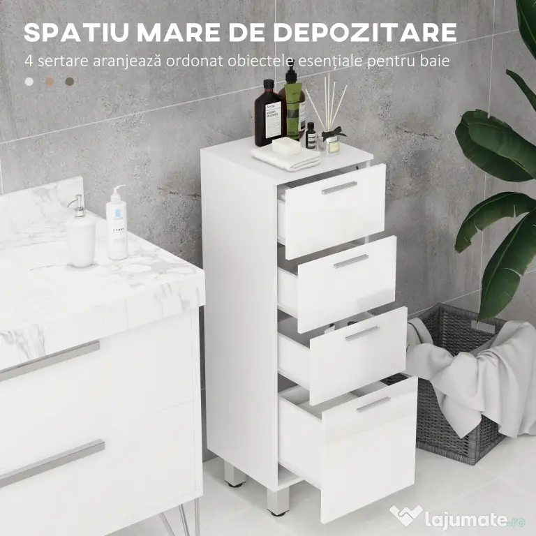 kleankin Dulap de Baie, Unitate de Depozitare pentru Baie cu Luciu Inalt, cu 4 Sertare, Alb | Aosom Romania