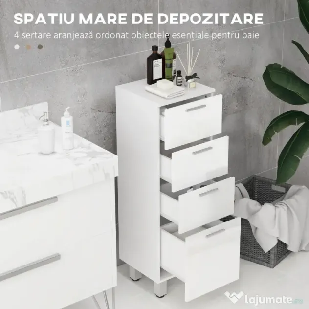 kleankin Dulap de Baie, Unitate de Depozitare pentru Baie cu Luciu Inalt, cu 4 Sertare, Alb | Aosom Romania