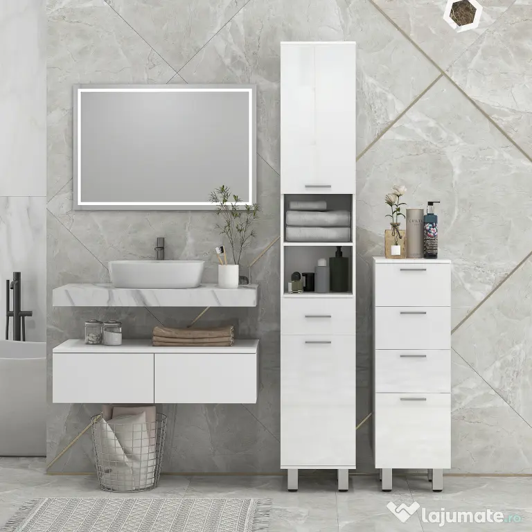 kleankin Dulap de Baie, Unitate de Depozitare pentru Baie cu Luciu Inalt, cu 4 Sertare, Alb | Aosom Romania