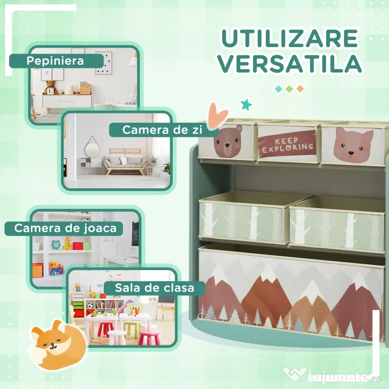 ZONEKIZ Raft Mobil pentru Jucării, Comodă cu 6 Rafturi Detașabile din Material Textil, 63x30x66 cm, Verde | Aosom Romania