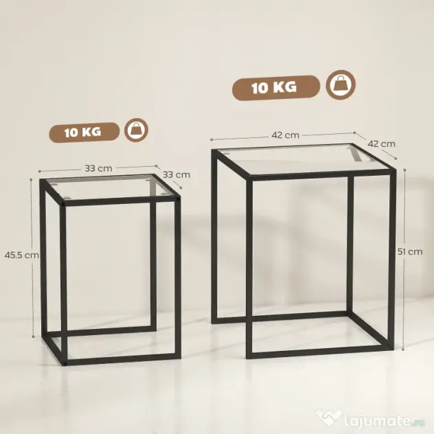 HOMCOM Set de 2 Masute care se Suprapun, Masute de Cafea Moderne care Economisesc Spatiul Patrate din Otel si Sticla Securizata, Negru | Aosom RO