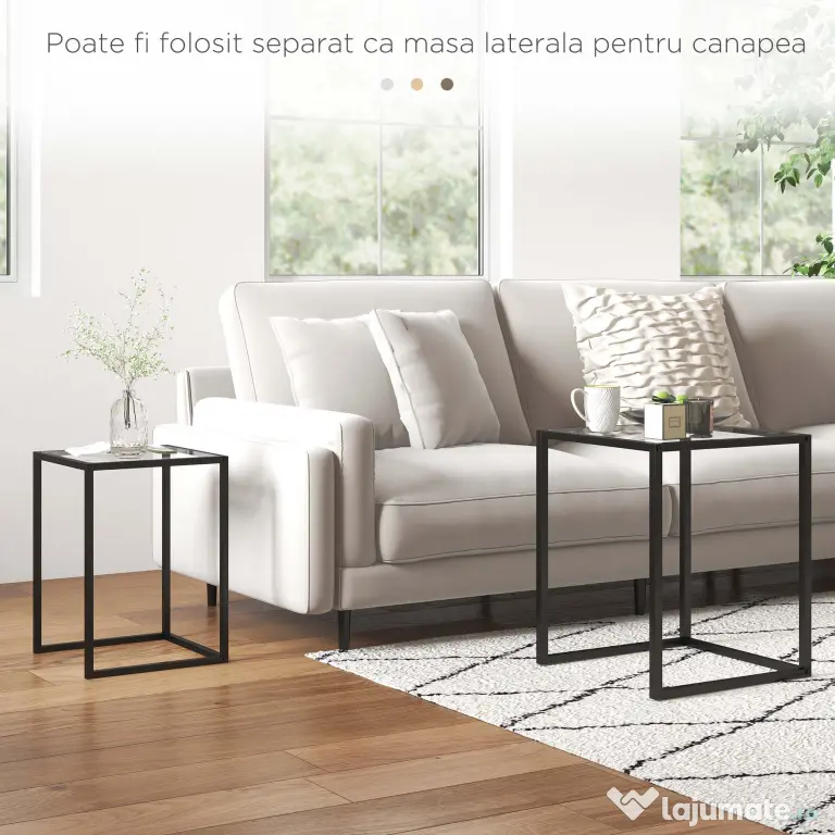 HOMCOM Set de 2 Masute care se Suprapun, Masute de Cafea Moderne care Economisesc Spatiul Patrate din Otel si Sticla Securizata, Negru | Aosom RO
