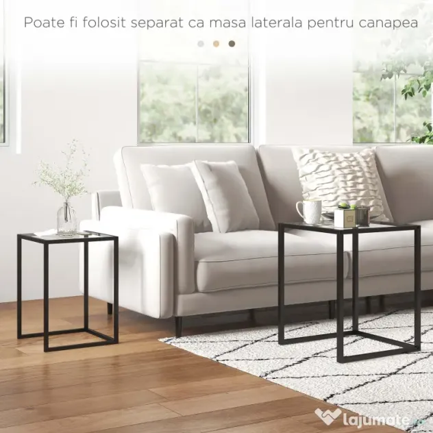HOMCOM Set de 2 Masute care se Suprapun, Masute de Cafea Moderne care Economisesc Spatiul Patrate din Otel si Sticla Securizata, Negru | Aosom RO