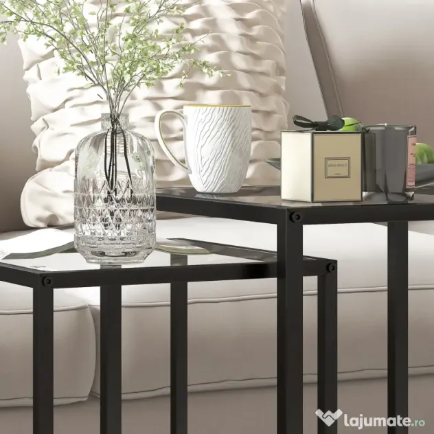 HOMCOM Set de 2 Masute care se Suprapun, Masute de Cafea Moderne care Economisesc Spatiul Patrate din Otel si Sticla Securizata, Negru | Aosom RO
