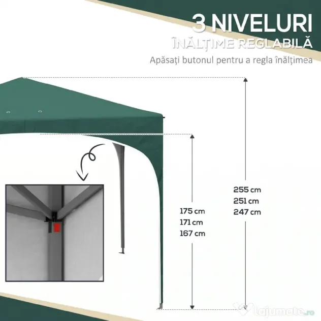 Outsunny Cort cu Copertină Pliabilă 3x3m Adăpost Soare Înălțime Reglabilă Geantă Transport Saci Nisip Verde | Aosom Romania