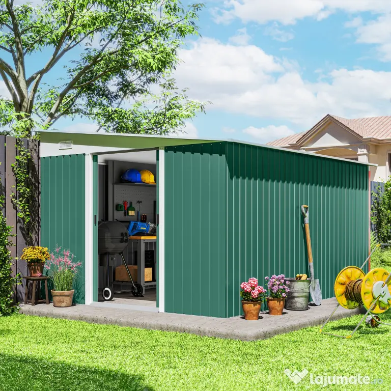 Outsunny Magazie de Gradina cu Ușa Glisantă si Orificii de Aerisire, din Oțel Galvanizat, 345x280,5x169-201cm, Verde | Aosom Romania