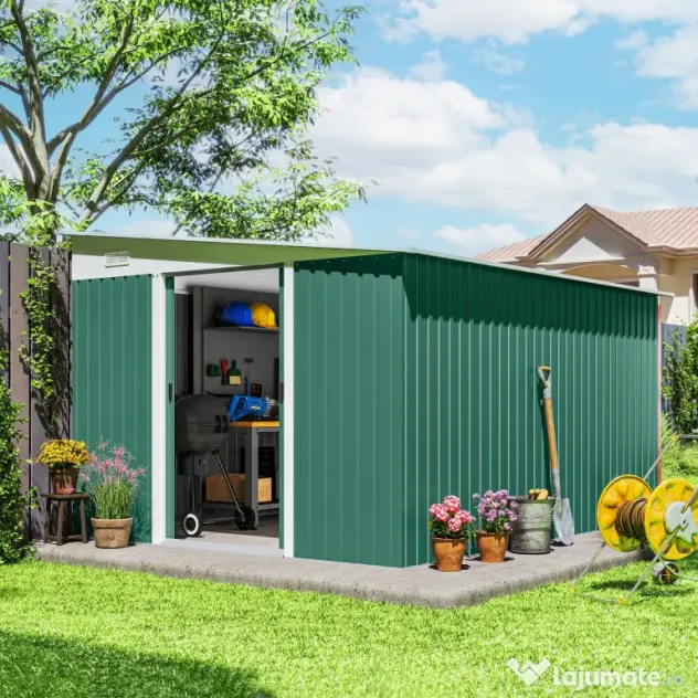 Outsunny Magazie de Gradina cu Ușa Glisantă si Orificii de Aerisire, din Oțel Galvanizat, 345x280,5x169-201cm, Verde | Aosom Romania