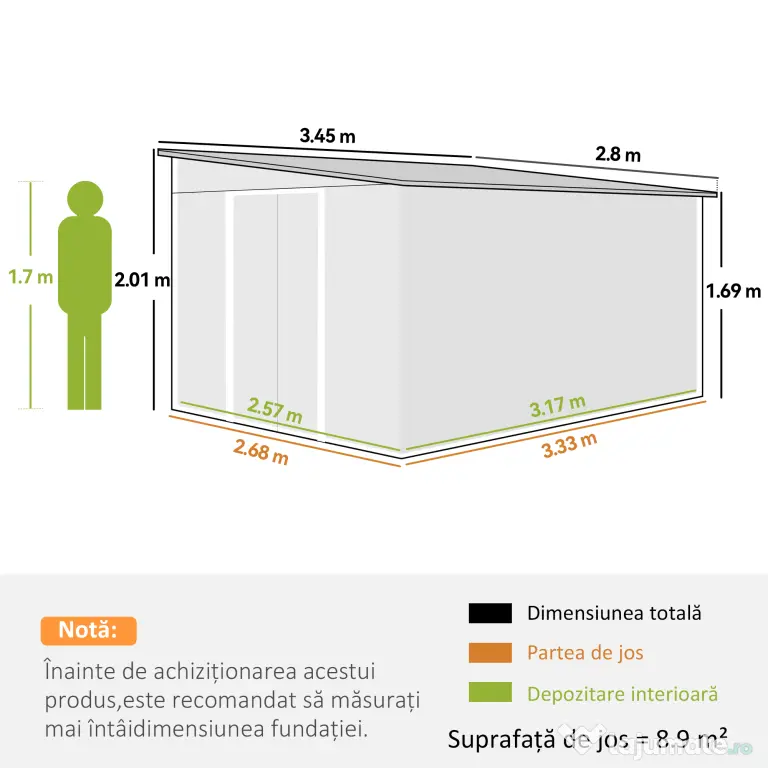 Outsunny Magazie de Gradina cu Ușa Glisantă si Orificii de Aerisire, din Oțel Galvanizat, 345x280,5x169-201cm, Verde | Aosom Romania