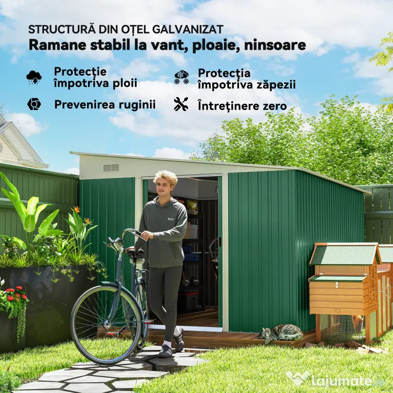 Outsunny Magazie de Gradina cu Ușa Glisantă si Orificii de Aerisire, din Oțel Galvanizat, 345x280,5x169-201cm, Verde | Aosom Romania