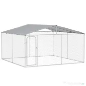 PawHut Țarc pentru Câini Talie Medie, Metal Galvanizat, Acoperiș Oxford, Ușă cu Zăvor, 400x230x232 cm, Argintiu | Aosom Romania 