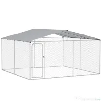 PawHut Țarc pentru Câini Talie Medie, Metal Galvanizat, Acoperiș Oxford, Ușă cu Zăvor, 400x230x232 cm, Argintiu | Aosom Romania