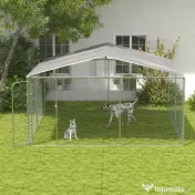 PawHut Țarc pentru Câini Talie Medie, Metal Galvanizat, Acoperiș Oxford, Ușă cu Zăvor, 400x230x232 cm, Argintiu | Aosom Romania 