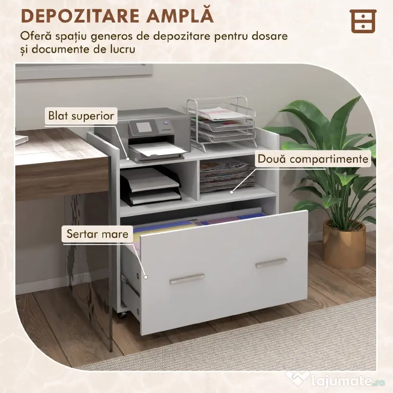HOMCOM Dulap Lateral de Arhivare cu Roți și Raft Deschis, Sertar Spațios, Bară Reglabilă, Alb | Aosom Romania