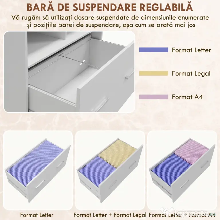 HOMCOM Dulap Lateral de Arhivare cu Roți și Raft Deschis, Sertar Spațios, Bară Reglabilă, Alb | Aosom Romania
