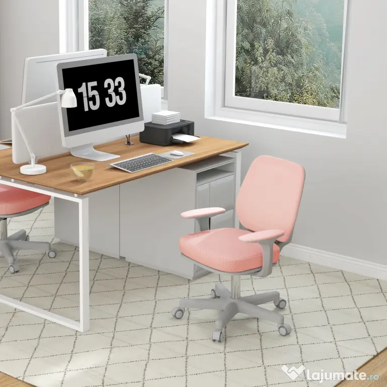 Vinsetto Scaun Birou Roz Respirabil cu Inaltime Reglabila Scaun Rabatabil cu 5 Roti cu Inclinare 55x48x82.5-94.5 cm | Aosom Romania