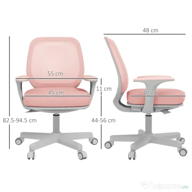 Vinsetto Scaun Birou Roz Respirabil cu Inaltime Reglabila Scaun Rabatabil cu 5 Roti cu Inclinare 55x48x82.5-94.5 cm | Aosom Romania