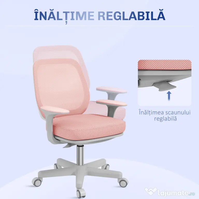 Vinsetto Scaun Birou Roz Respirabil cu Inaltime Reglabila Scaun Rabatabil cu 5 Roti cu Inclinare 55x48x82.5-94.5 cm | Aosom Romania