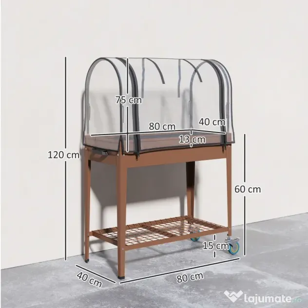 Outsunny Strat de Gradină Înălțat cu Acoperiș de Sera, Jardiniera Mobilă cu Roți și Raft Inferior pentru Legume, Flori, Ierburi | Aosom Romania