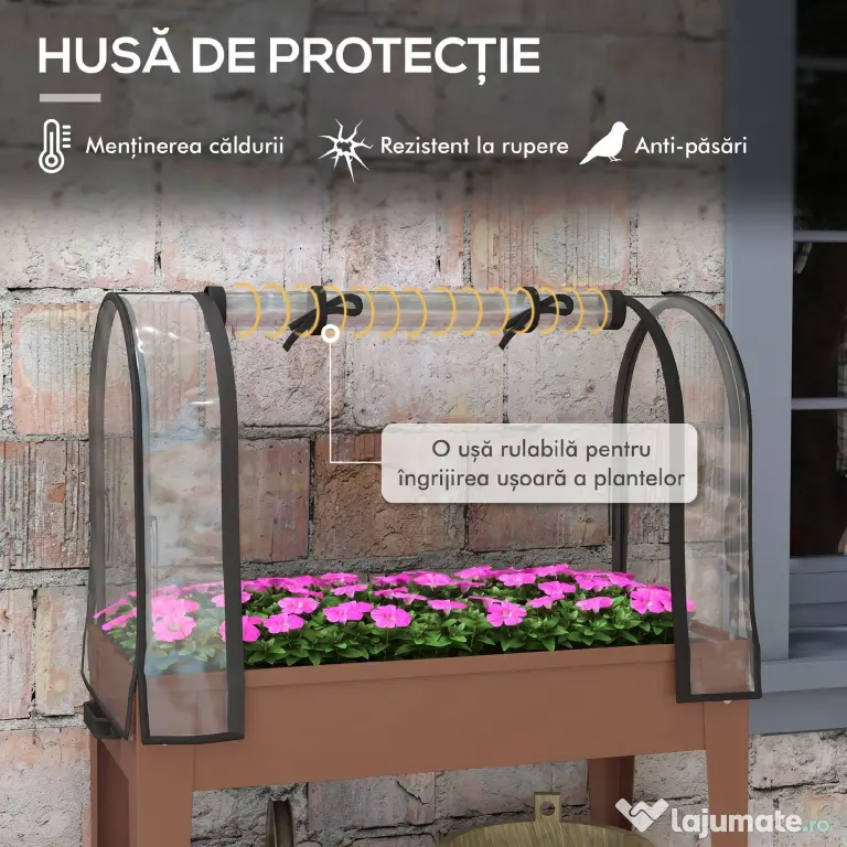 Outsunny Strat de Gradină Înălțat cu Acoperiș de Sera, Jardiniera Mobilă cu Roți și Raft Inferior pentru Legume, Flori, Ierburi | Aosom Romania