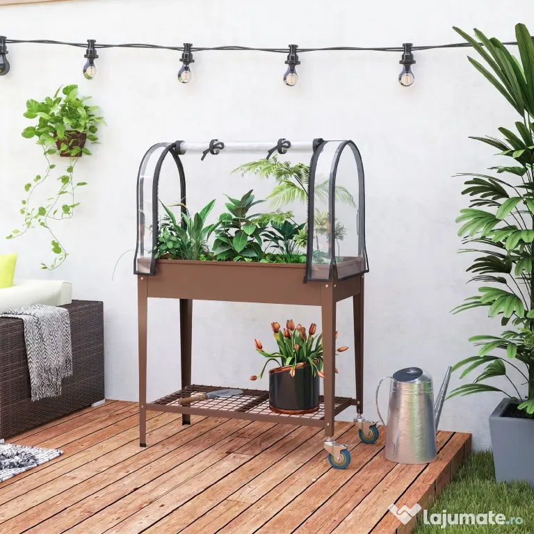 Outsunny Strat de Gradină Înălțat cu Acoperiș de Sera, Jardiniera Mobilă cu Roți și Raft Inferior pentru Legume, Flori, Ierburi | Aosom Romania