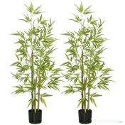 HOMCOM Set Plante Bambus Artificiale cu 3 Trunchiuri cu Ghiveci, Plante Artificiale din PP și Metal, 15x15x120 cm, Verde | Aosom Romania 