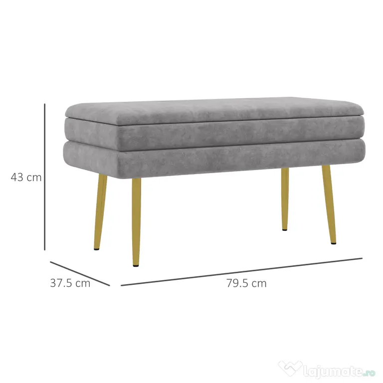 HOMCOM Bancă Otomană Tapițată, Picioare Aurii, Design Modern pentru Living și Dormitor, Gri | Aosom Romania