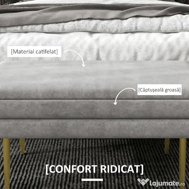 HOMCOM Bancă Otomană Tapițată, Picioare Aurii, Design Modern pentru Living și Dormitor, Gri | Aosom Romania