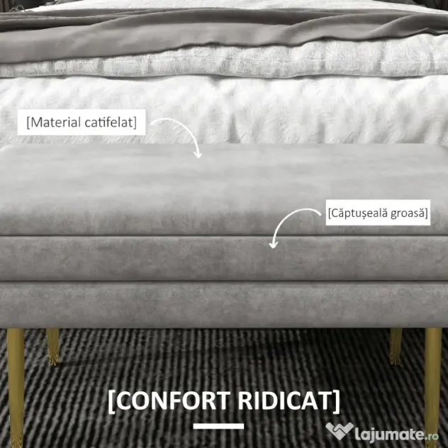 HOMCOM Bancă Otomană Tapițată, Picioare Aurii, Design Modern pentru Living și Dormitor, Gri | Aosom Romania