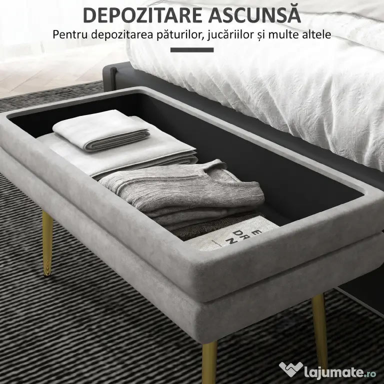HOMCOM Bancă Otomană Tapițată, Picioare Aurii, Design Modern pentru Living și Dormitor, Gri | Aosom Romania