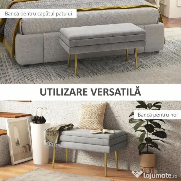 HOMCOM Bancă Otomană Tapițată, Picioare Aurii, Design Modern pentru Living și Dormitor, Gri | Aosom Romania