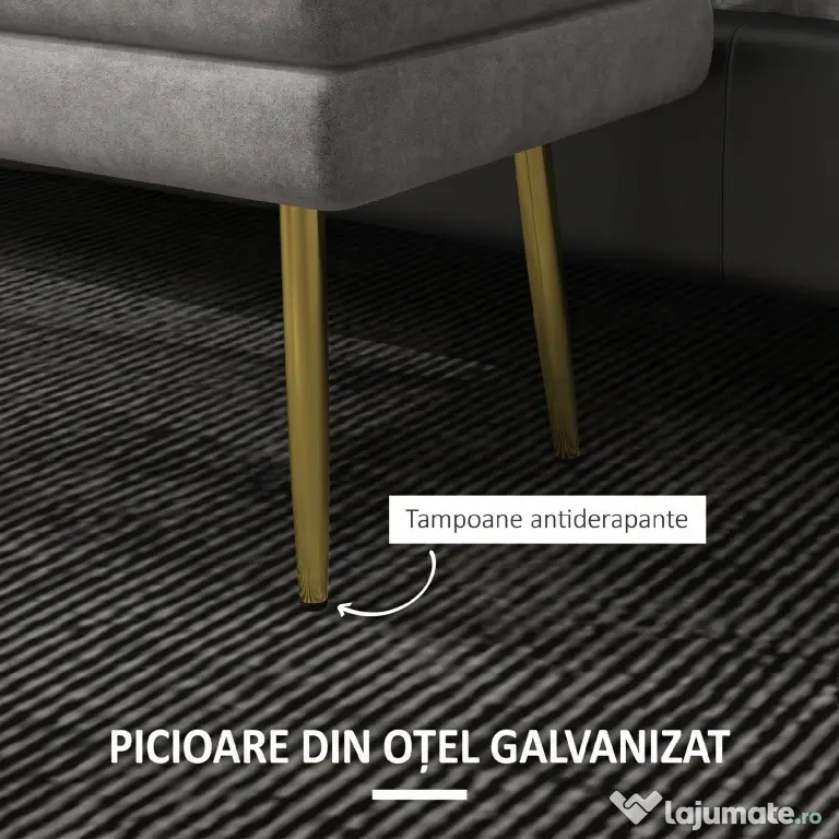 HOMCOM Bancă Otomană Tapițată, Picioare Aurii, Design Modern pentru Living și Dormitor, Gri | Aosom Romania
