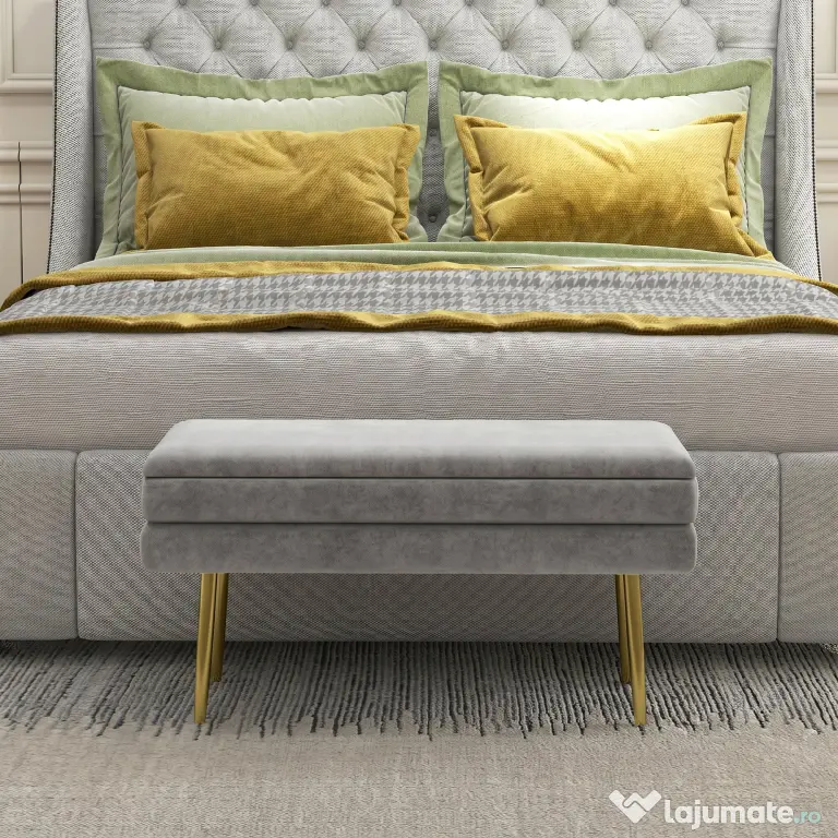 HOMCOM Bancă Otomană Tapițată, Picioare Aurii, Design Modern pentru Living și Dormitor, Gri | Aosom Romania