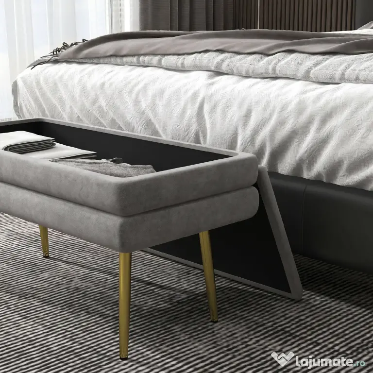 HOMCOM Bancă Otomană Tapițată, Picioare Aurii, Design Modern pentru Living și Dormitor, Gri | Aosom Romania