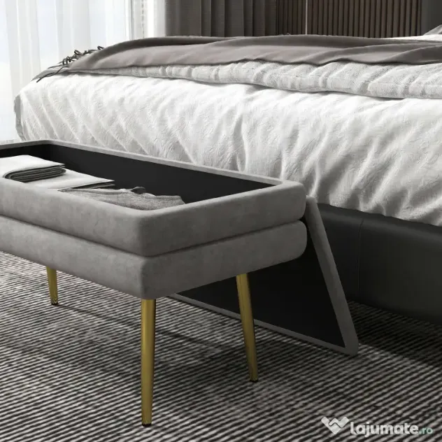 HOMCOM Bancă Otomană Tapițată, Picioare Aurii, Design Modern pentru Living și Dormitor, Gri | Aosom Romania