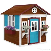 Outsunny Casuta de Joaca din Lemn pentru Copii pentru Exterior si Interior, Casa Wendy din Lemn cu Usi, Ferestre, Ghivece, Maro Inchis 