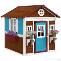 Outsunny Casuta de Joaca din Lemn pentru Copii pentru Exterior si Interior, Casa Wendy din Lemn cu Usi, Ferestre, Ghivece, Maro Inchis