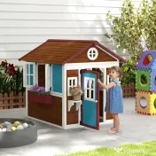 Outsunny Casuta de Joaca din Lemn pentru Copii pentru Exterior si Interior, Casa Wendy din Lemn cu Usi, Ferestre, Ghivece, Maro Inchis 